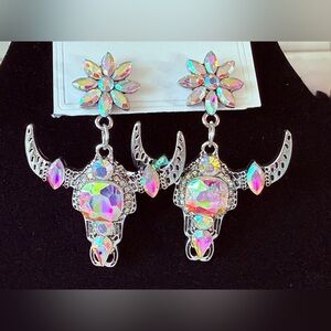 Gorgeous Iridescent Crystal Bull Skull Dangle Earrings - Women Jewelry